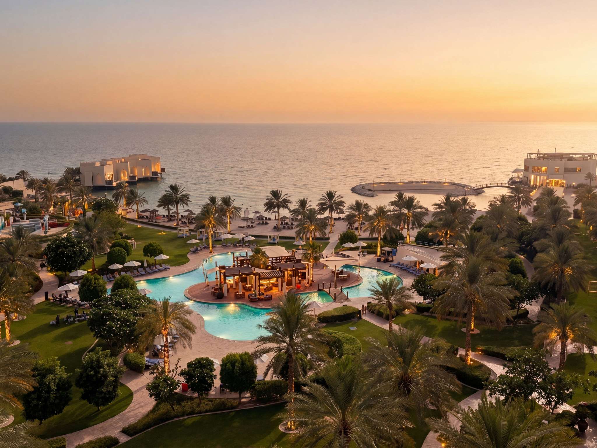 Pools and the Gulf shore at Sofitel Bahrain Zallaq