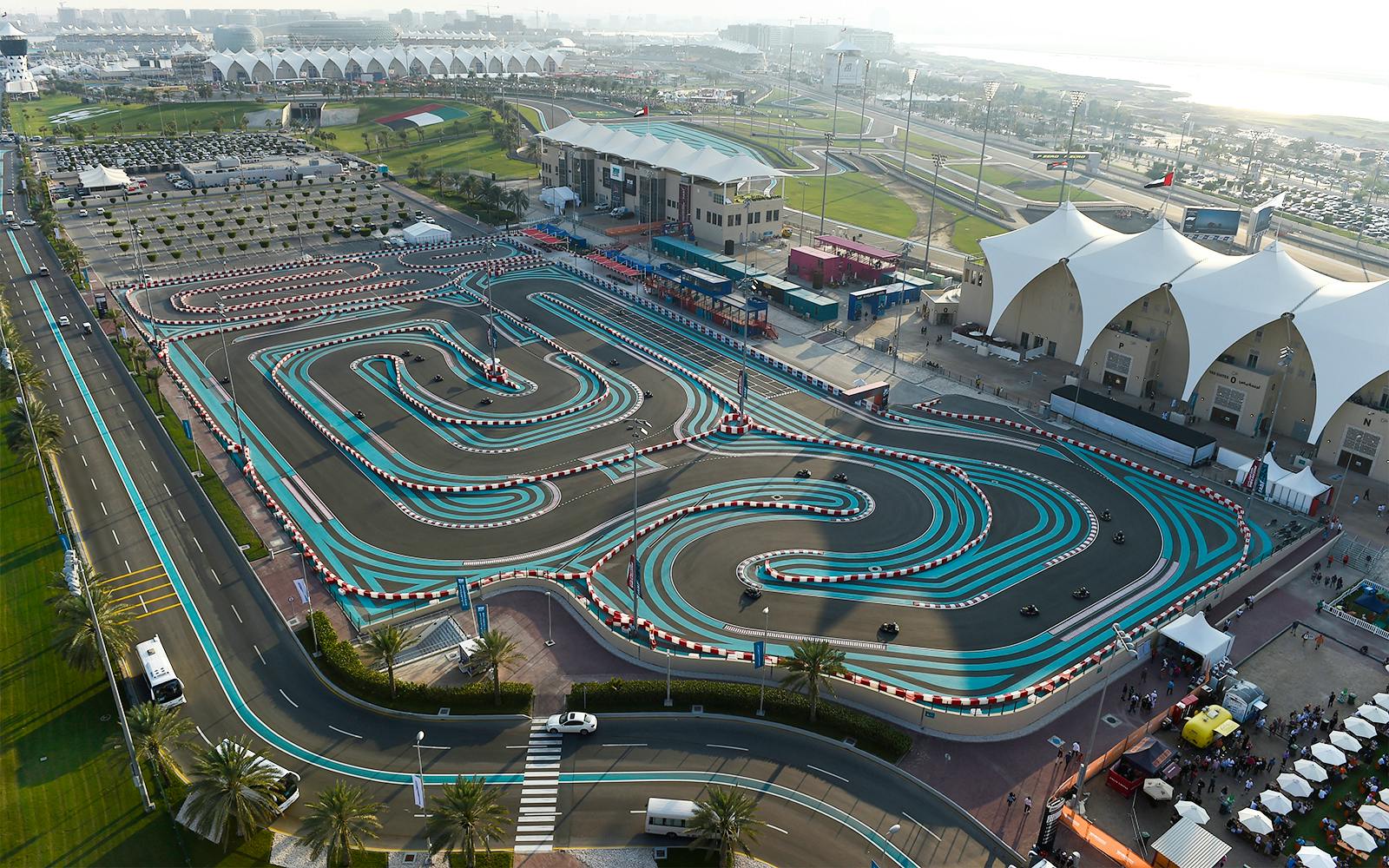 Yas Kartzone viewed from above, with karts and track buildings